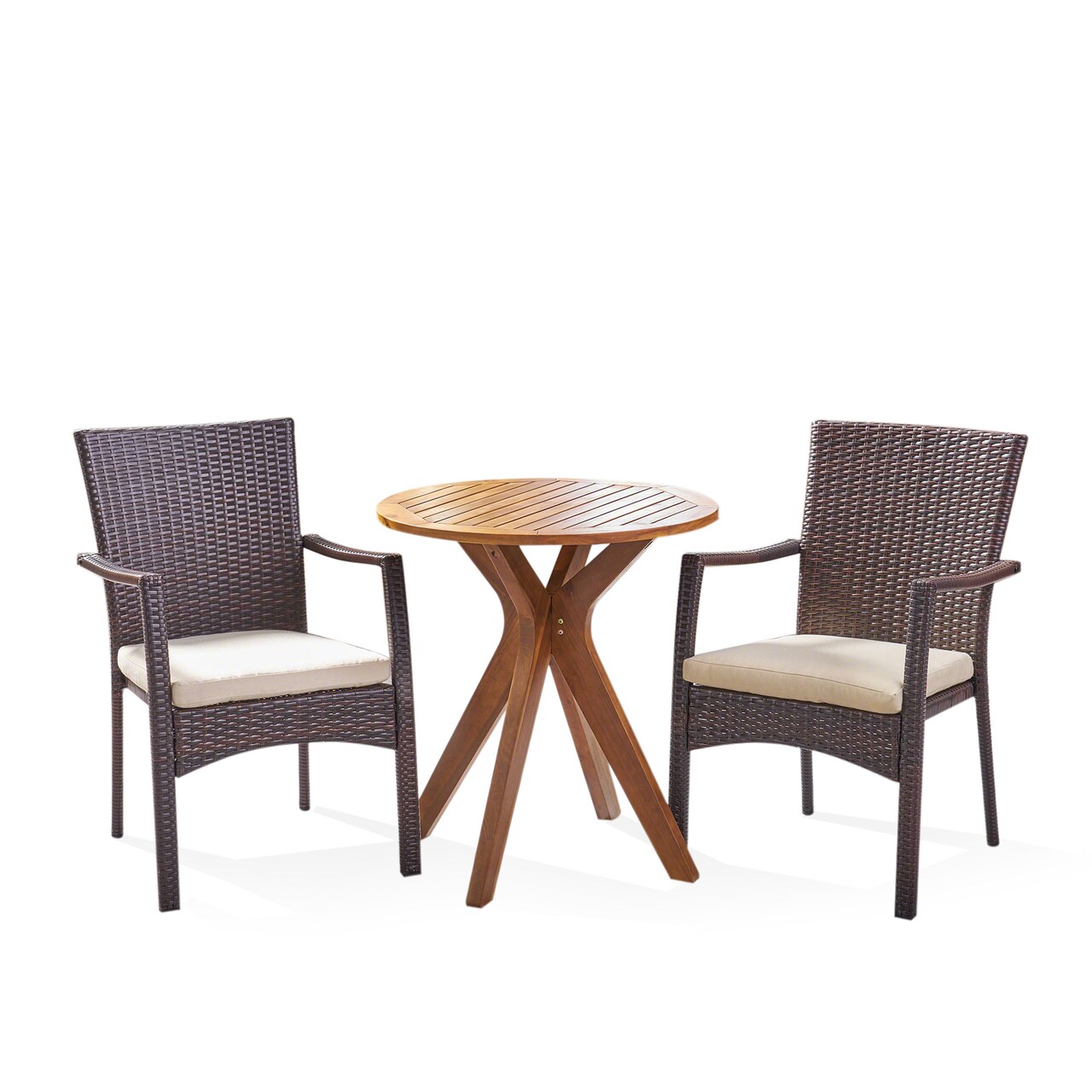 Contemporary Home Living 3-Piece Teak Brown Wicker Outdoor Furniture Patio Bistro Set - Cream White Cushions